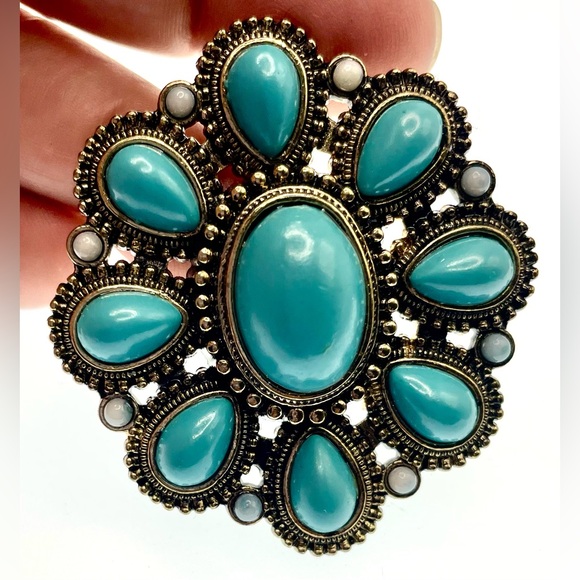 Vintage Bronze Tone Oval Pendant Turquoise Colored Gems Southwestern Style - Picture 4 of 6